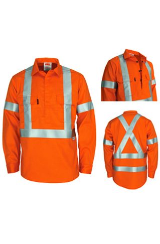 NSW Railway Safety complaint Hi Vis Flame Retardant Shirts - Patron saint flame retardant arc rated closed front shirt with "X" back & 3M F/R R/tape Long SLeeve.