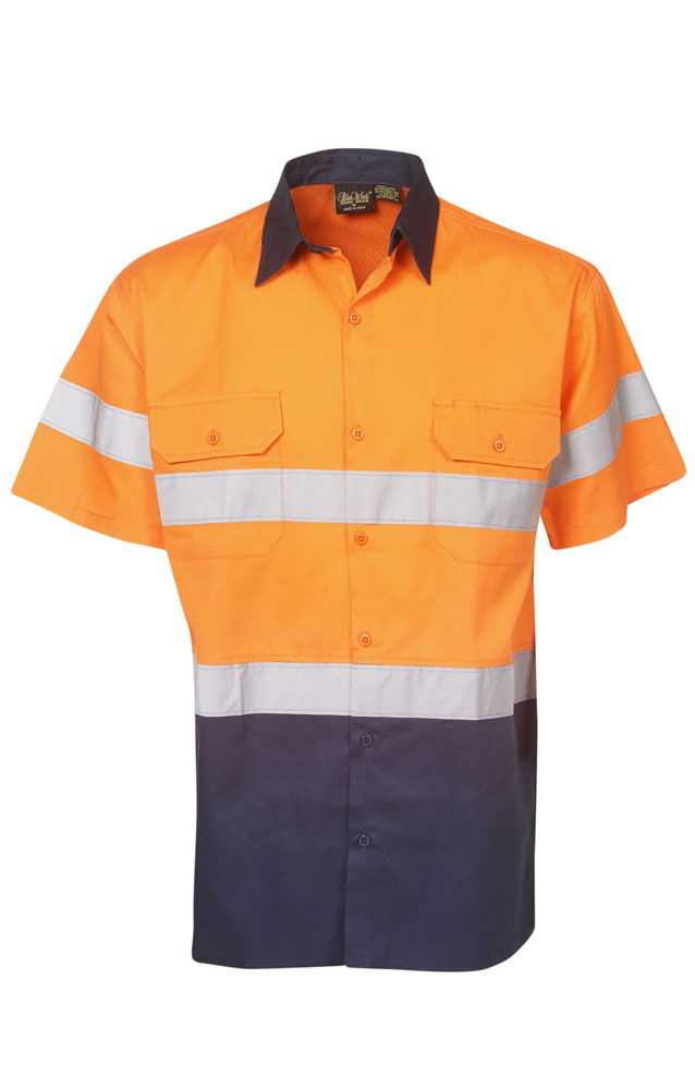 Hi Vis 155 GSM Cotton Twill Shirts With Reflective Tape Short Sleeve