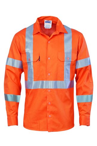 NSW rail compliant Hi Vis Shirts - Hi Vis Cotton Shirt with Double Hoop On Arms & 'X' Back CSR R/tape - long sleeve.