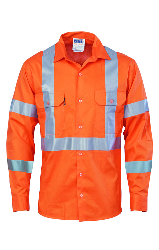 DNC NSW Compliant Hi Vis Work Shirt with Double Hoop Reflective Tapes On Arms and ‘X’ Back CSR Reflective Tape