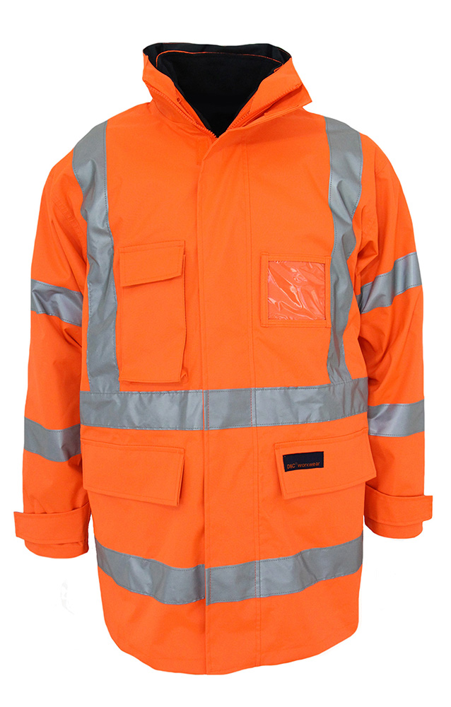 DNC NSW Rail Compliant Hi Vis “6 in 1” Rain Jacket With “X” Back Reflective Tape and Biomotion Tapes