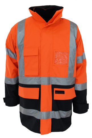 QLD traffic controller compliant Hi Vis Waterproof Jacket - Hi Vis "H" Pattern 2T Biomotion Tape "6 in 1" Jacket, orange navy.