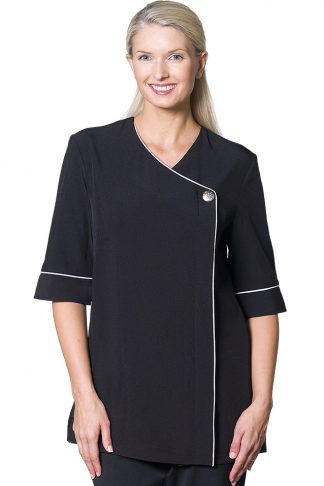 Salon Uniforms & Spa Uniforms - Contrast Piping Tunic Black 3/4 Sleeve