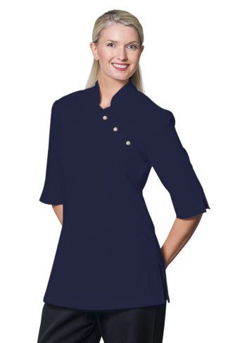 Beauty Salon Uniform - Moisture Wicking Shoulder Button Tunic 3/4 Sleeve Navy