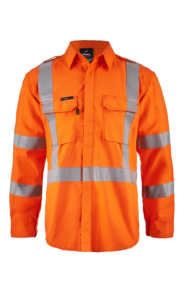 Torrent HRC2 Men’s Hi Vis NSW Rail Light Weight Open Front Shirt With X Pattern Bio Motion FR Reflective Tape