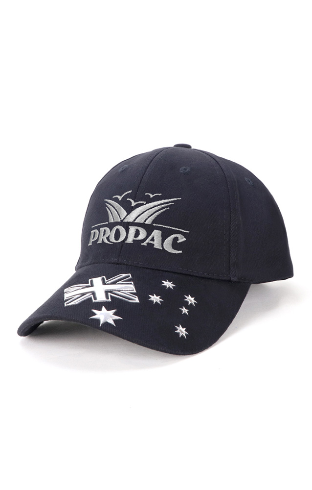 Matilda Cap with Australian Flag Design on Peak and One Embroidery Logo At Front (MOQ: 20)