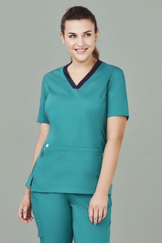 Cotton Rich Womens V-Neck Scrub Top With Antibacterial Stretch Side Panel