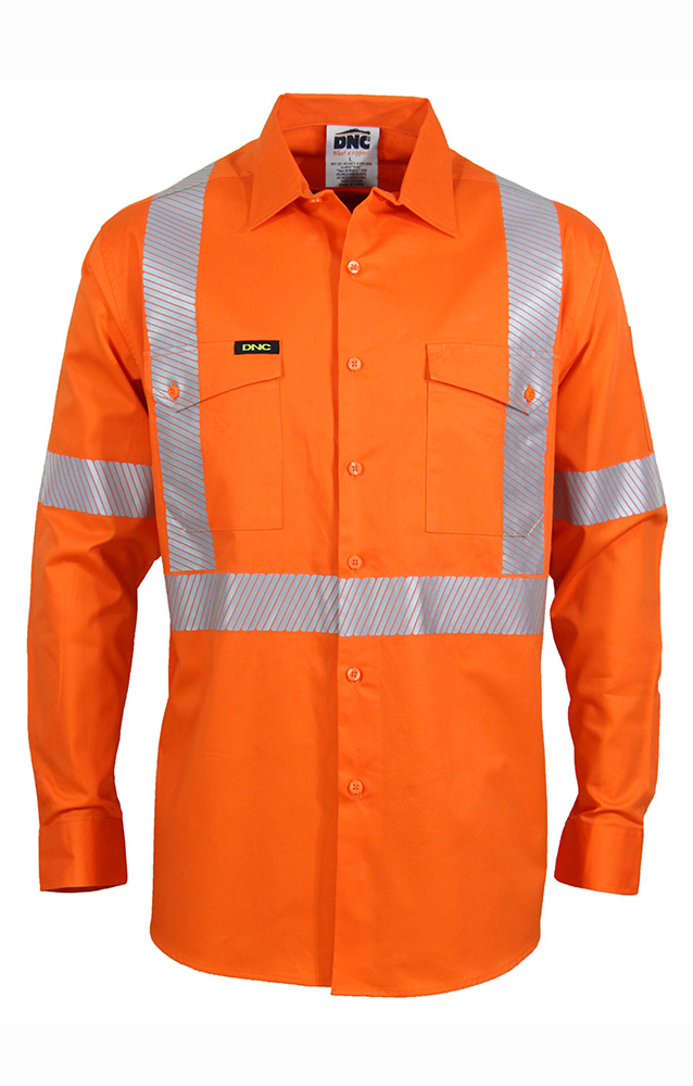 DNC NSW Rail Compliant Hi Vis Mens Work Shirt with ‘X’ Back Segmented Tape, Light Weight Cotton Shirt