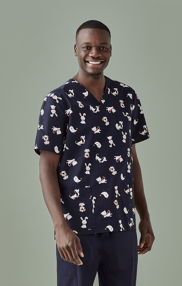 Men’s Stretch Cotton Printed Scrub Top – ‘Best Friends’ Pattern