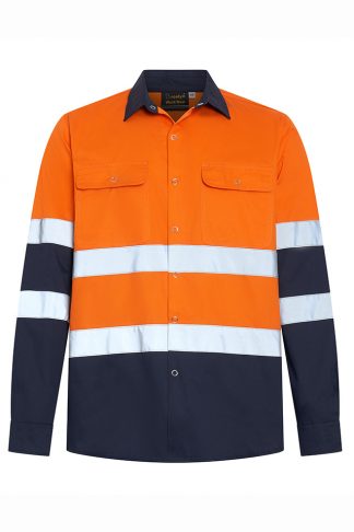 Hi Vis Work Shirt With Press Stud 155GSM Lt Weight Cotton Drill With Bio Motion Reflective Tape