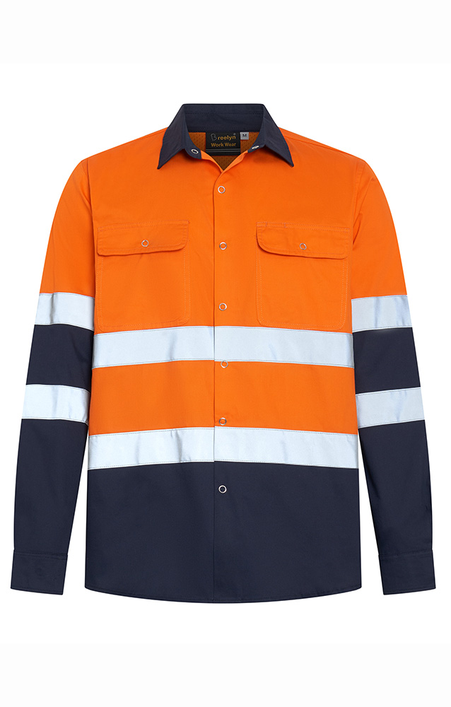 Hi Vis Work Shirt With Press Stud 155GSM Lt Weight Cotton Drill With Bio Motion Reflective Tape